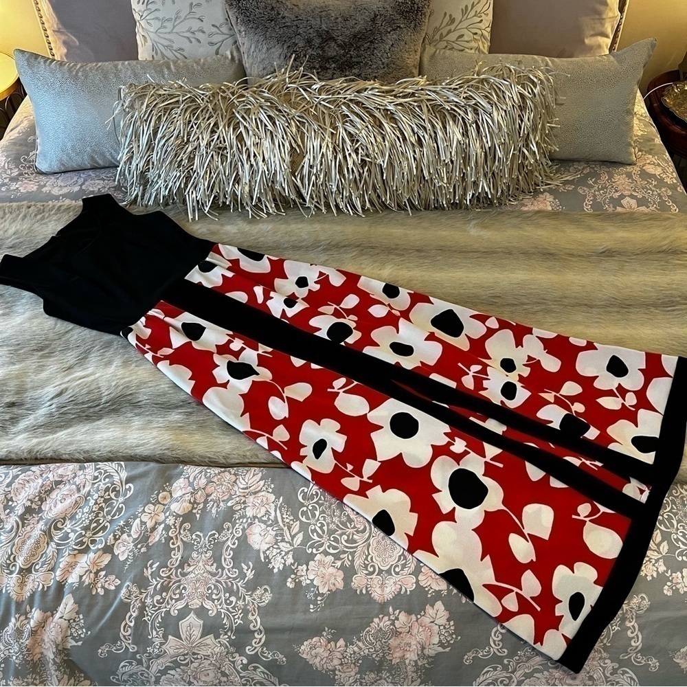 True 70’s Vintage MARSHA BRADY BUNCH Maxi Dress Black White Red Sleeveless Party